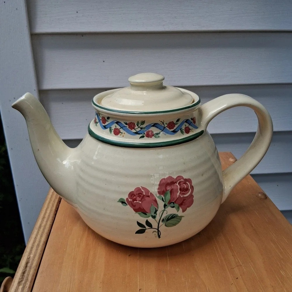 Vintage 90s Cottagecore Treasure Craft Pottery Stoneware Teapot Country Rose USA